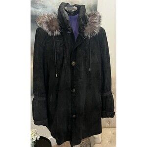 Prodi Women’s Winter Genuine Embossed Black Leather Coat Fox Fur Trim XXL